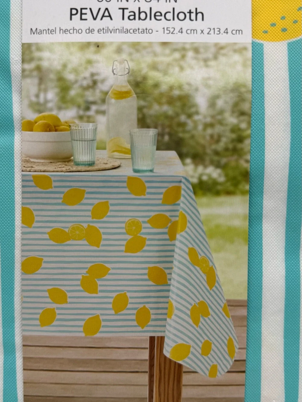 Mainstays Aqua Stripe Tablecloth with Yellow Lemon Motif